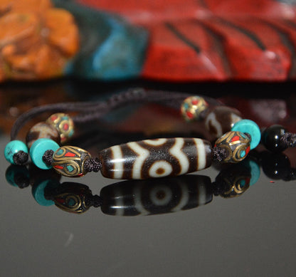 Tibetan Weathered Three-Eyed Dzi Bead Bracelet