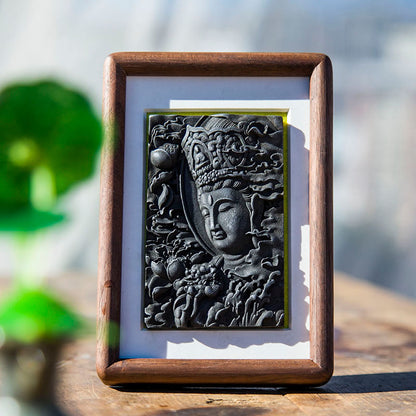 Manjushri Bodhisattva Cast-Iron Relief in Solid Wood Frame: Decorative Wall Art and Desktop Accent for Interior Design