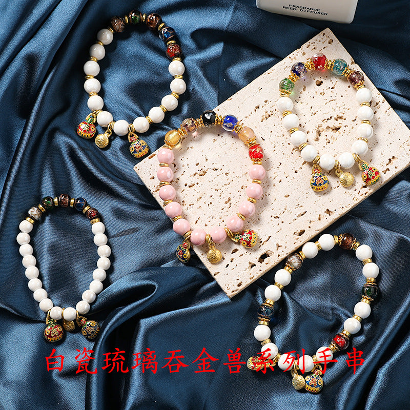 Macaron Gray and Pink Porcelain Beads with Loop Design and Lucky Charm Beads Bracelet, Beijing Ash-Glazed Porcelain Gold Foil Glass Bracelet