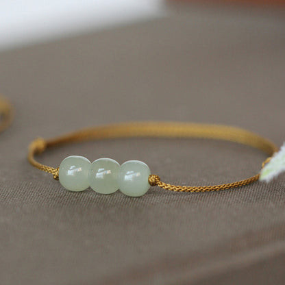 Handmade Cord Natural Hetian Jade Old Style Bead Bracelet for Women, Single Loop