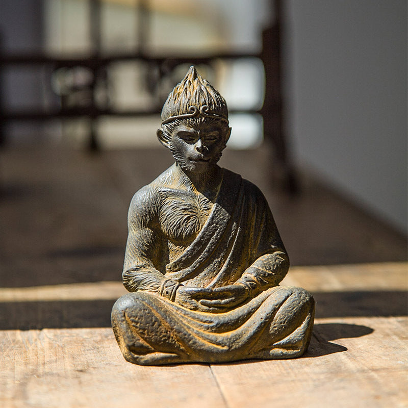 Neo-Chinese warrior Buddha Sun Wukong Monkey desktop iron ornament, home accent, and nourishing tea pet with a Zen-inspired design