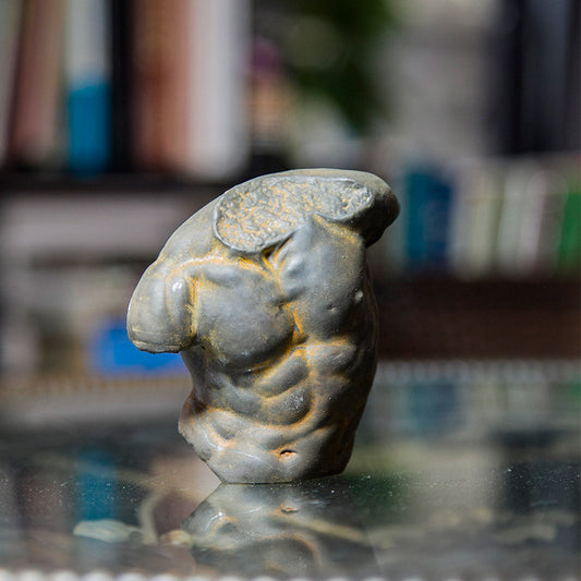 Handcrafted European-Style Desktop Art Figurine of an Ancient Greek Male Torso that resembles a cast iron sculpture