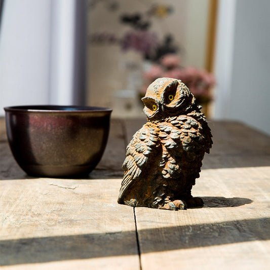 Original Rustic Patina Cast-Iron Style Mini Owl Ornament for Living Room Tabletop and Study Decor, Handcrafted Tea Pet