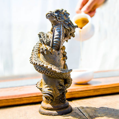 Chinese Zen-Inspired Creative Cast-Iron Style Ornament: "Soaring Dragon in the Sky" Relief Sculpture, Pillar-Wrapped Desktop Decoration, Home Tea Pet Craft Decoration