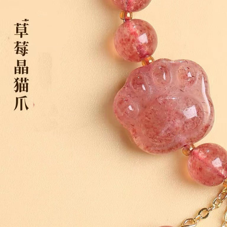 Natural Pink Quartz Bracelet, Niche Design Strawberry Quartz Bead Bracelet, Light Luxury Cute Cat Paw Bracelet