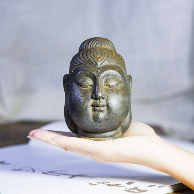 Chinese Zen-Inspired Creative Bodhisattva Buddha Head Ornament, Handcrafted Resin and Cast-Iron Style Home Decor for Study and Desk Display