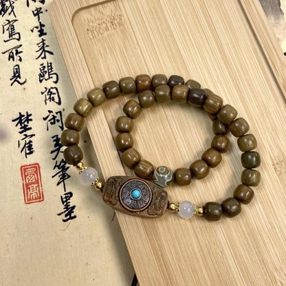Natural Green Sandalwood Old-Style Bead Bracelet with Six-Word Mantra and Tai Sui Amulet Double-Wrap Prayer Beads Bracelet