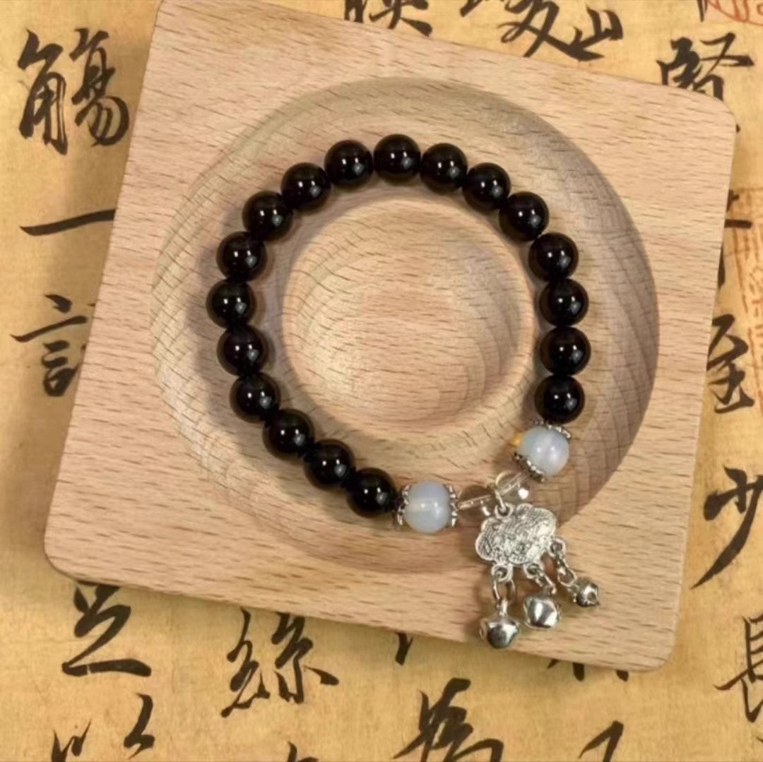Women's Jewelry in the Chinese Style: Ebony Bracelet with Peace Lock Pendant, Versatile and Minimalist Design, National Style Trend Accessory