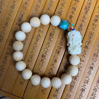 Natural Golden Bamboo Bracelet with Ivory Nut Carved Cat and Tara Pendant Bracelet