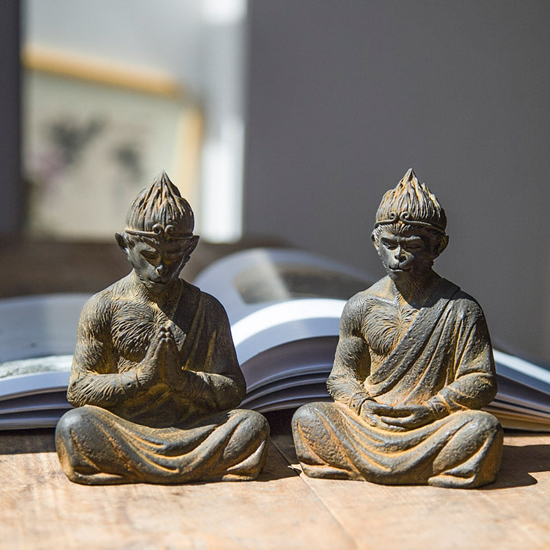 Neo-Chinese warrior Buddha Sun Wukong Monkey desktop iron ornament, home accent, and nourishing tea pet with a Zen-inspired design