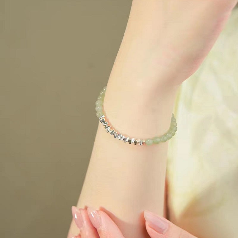 Natural Hetian Jade Bracelet with Small Fresh Style 925 Sterling Silver Bracelet, featuring a few taels of silver.