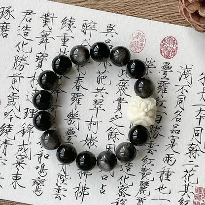 Ivory Nut and Guardian Lion Charm Bracelet with Natural White Jade Bodhi Beads