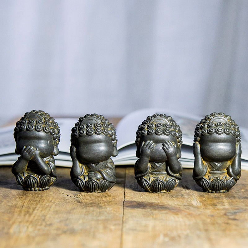 New Chinese-Style National-Inspired Four-No-Face Zen Buddha Ornament, Handcrafted Cast Iron Imitation Decor for Study Room and Home, Tea Pet