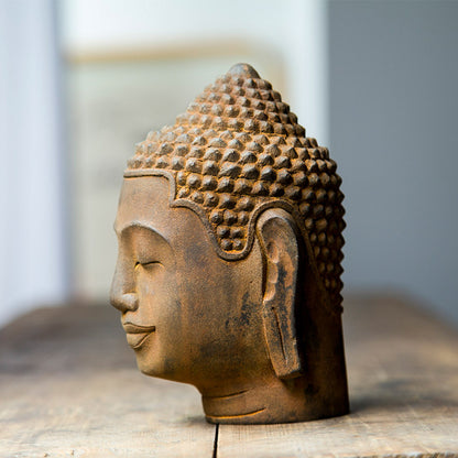 Southeast Asian Buddha Head Desktop Ornament in a Creative Zen Style: Handcrafted Iron Art Decoration for Tabletop Display Made of Faux Cast Iron