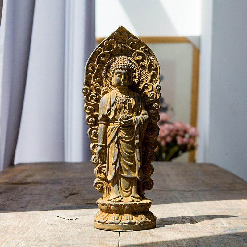 Chinese Rust-Style Cast-Iron Imitation Western Three Holy Beings Statues: Amitabha Buddha, Guanyin Bodhisattva, and Mahasthamaprapta Bodhisattva Standing Figurines Ornaments