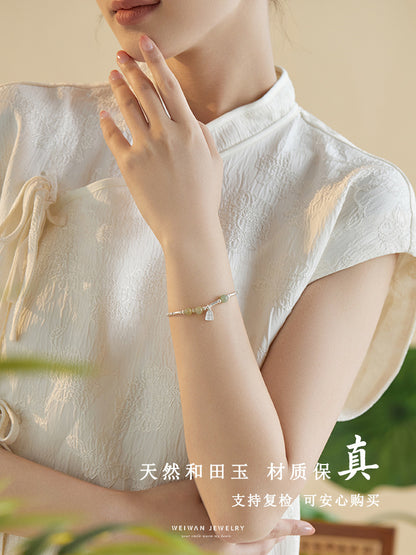 Natural Hetian Jade 925 Sterling Silver Bamboo Joint Bracelet