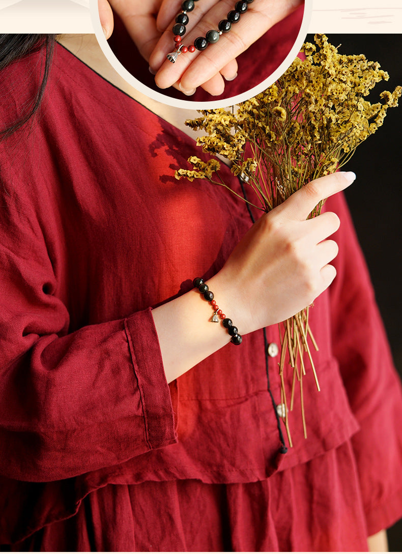 Natural Obsidian Buddha Bead Lotus Pod Bracelet