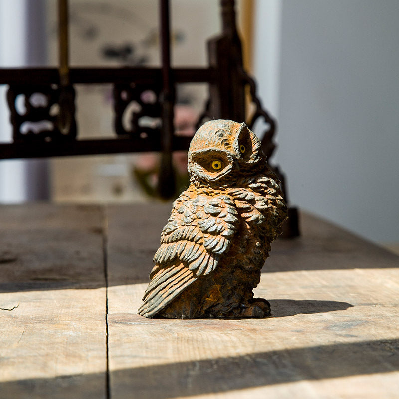 Original Rustic Patina Cast-Iron Style Mini Owl Ornament for Living Room Tabletop and Study Decor, Handcrafted Tea Pet