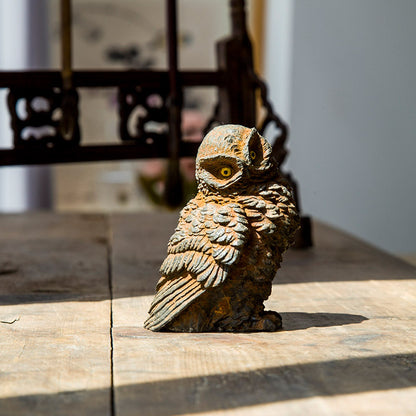 Original Rustic Patina Cast-Iron Style Mini Owl Ornament for Living Room Tabletop and Study Decor, Handcrafted Tea Pet