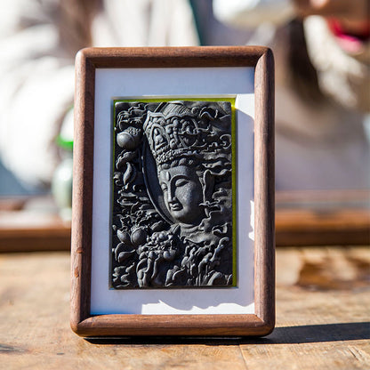 Manjushri Bodhisattva Cast-Iron Relief in Solid Wood Frame: Decorative Wall Art and Desktop Accent for Interior Design
