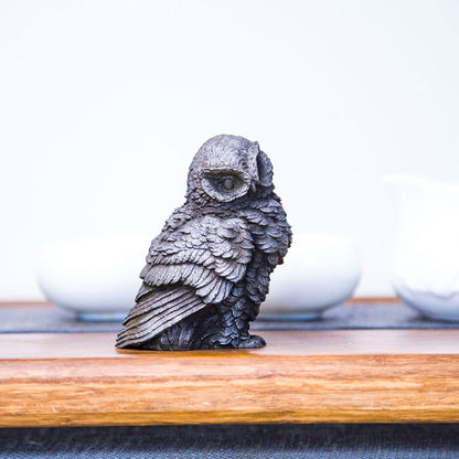 Original Rustic Patina Cast-Iron Style Mini Owl Ornament for Living Room Tabletop and Study Decor, Handcrafted Tea Pet