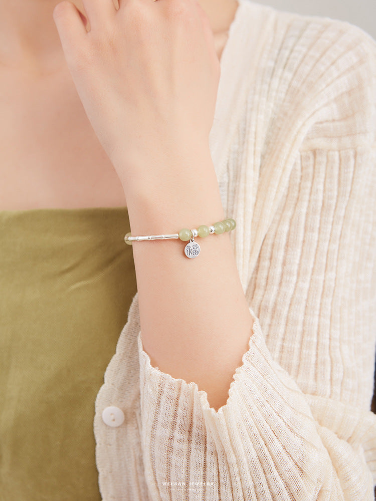 "Man Zhu" Natural Hetian Jade Bracelet with Qing Shui Pure Silver Bamboo Joint Charm Pendant