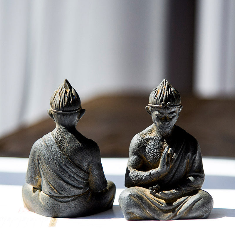 Neo-Chinese warrior Buddha Sun Wukong Monkey desktop iron ornament, home accent, and nourishing tea pet with a Zen-inspired design