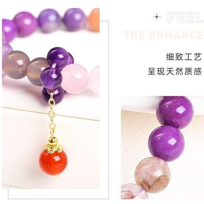 Women's Dragon Year Birthstone Bracelet with Natural Nine-Purple Li Fire Multi-Gem Crystals for Fortune and Purple Luck