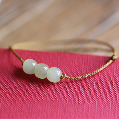 Handmade Cord Natural Hetian Jade Old Style Bead Bracelet for Women, Single Loop