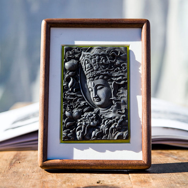 Manjushri Bodhisattva Cast-Iron Relief in Solid Wood Frame: Decorative Wall Art and Desktop Accent for Interior Design