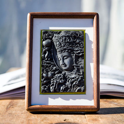 Manjushri Bodhisattva Cast-Iron Relief in Solid Wood Frame: Decorative Wall Art and Desktop Accent for Interior Design
