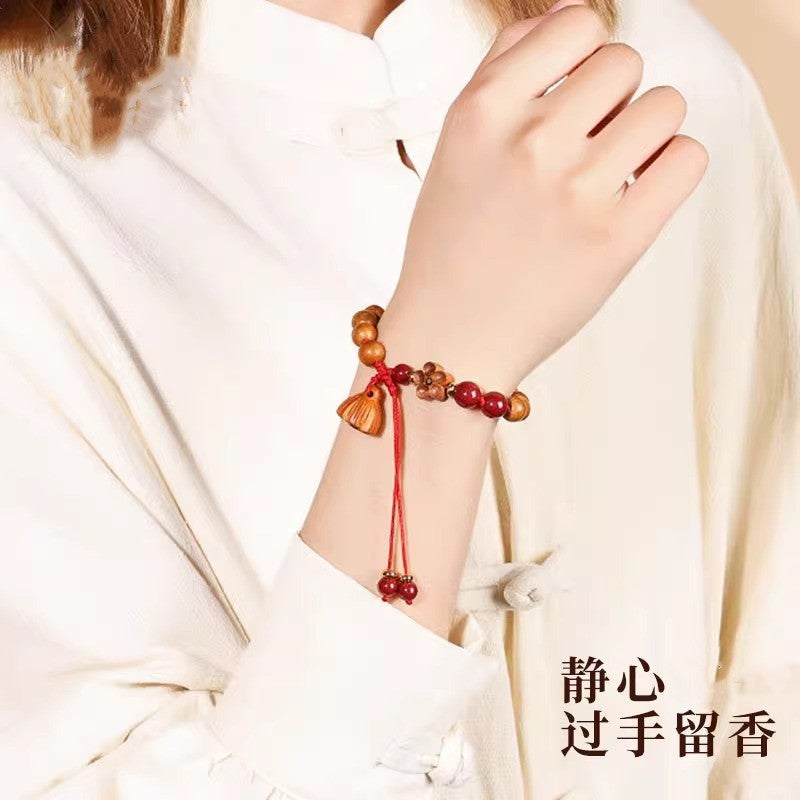 Natural Lotus Seed Pod Pendant Peach Wood Bracelet