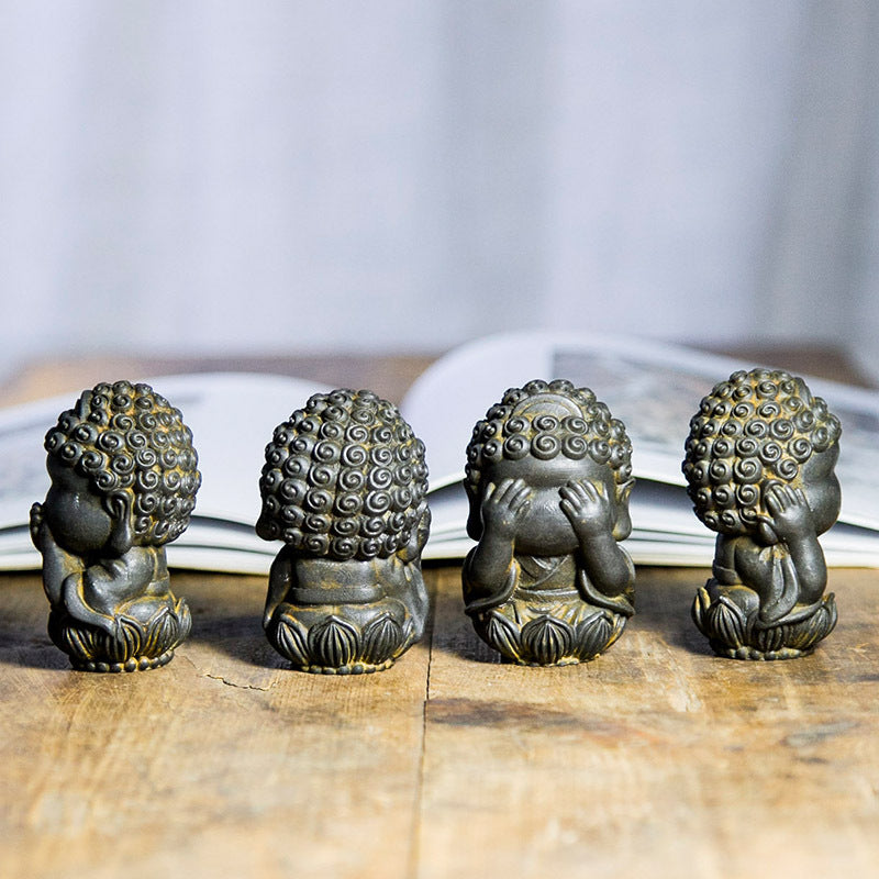 New Chinese-Style National-Inspired Four-No-Face Zen Buddha Ornament, Handcrafted Cast Iron Imitation Decor for Study Room and Home, Tea Pet