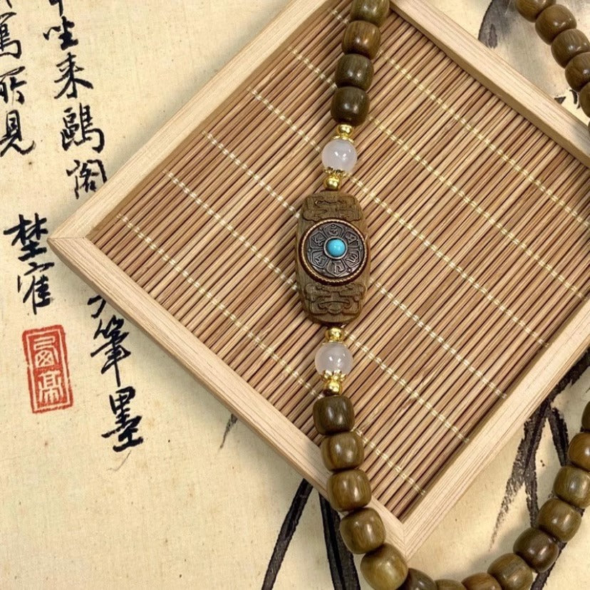 Natural Green Sandalwood Old-Style Bead Bracelet with Six-Word Mantra and Tai Sui Amulet Double-Wrap Prayer Beads Bracelet