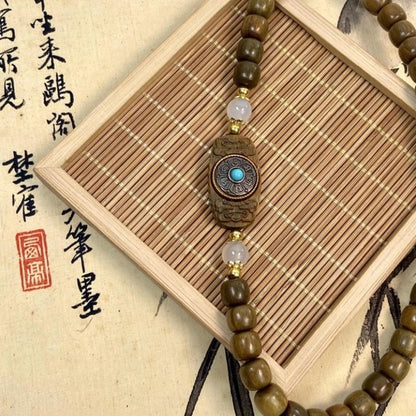 Natural Green Sandalwood Old-Style Bead Bracelet with Six-Word Mantra and Tai Sui Amulet Double-Wrap Prayer Beads Bracelet
