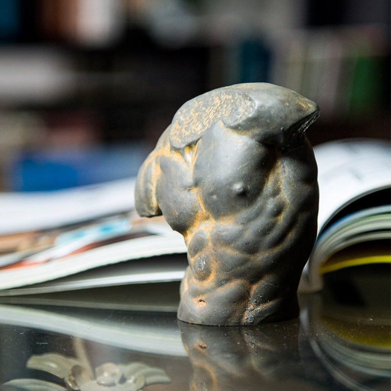 Handcrafted European-Style Desktop Art Figurine of an Ancient Greek Male Torso that resembles a cast iron sculpture