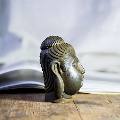 Chinese Zen-Inspired Creative Bodhisattva Buddha Head Ornament, Handcrafted Resin and Cast-Iron Style Home Decor for Study and Desk Display