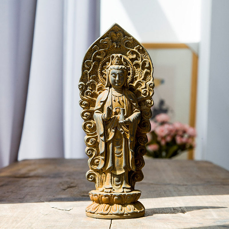 Chinese Rust-Style Cast-Iron Imitation Western Three Holy Beings Statues: Amitabha Buddha, Guanyin Bodhisattva, and Mahasthamaprapta Bodhisattva Standing Figurines Ornaments
