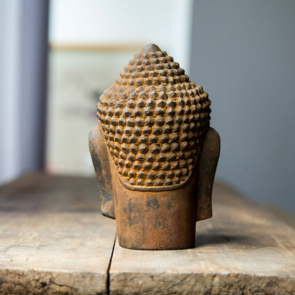 Southeast Asian Buddha Head Desktop Ornament in a Creative Zen Style: Handcrafted Iron Art Decoration for Tabletop Display Made of Faux Cast Iron