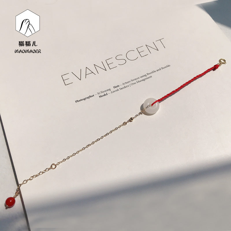 Hetian Jade Bracelet for Women with Peace Buckle, Birth Year Red String, 14K Gold-Plated Hand Jewelry