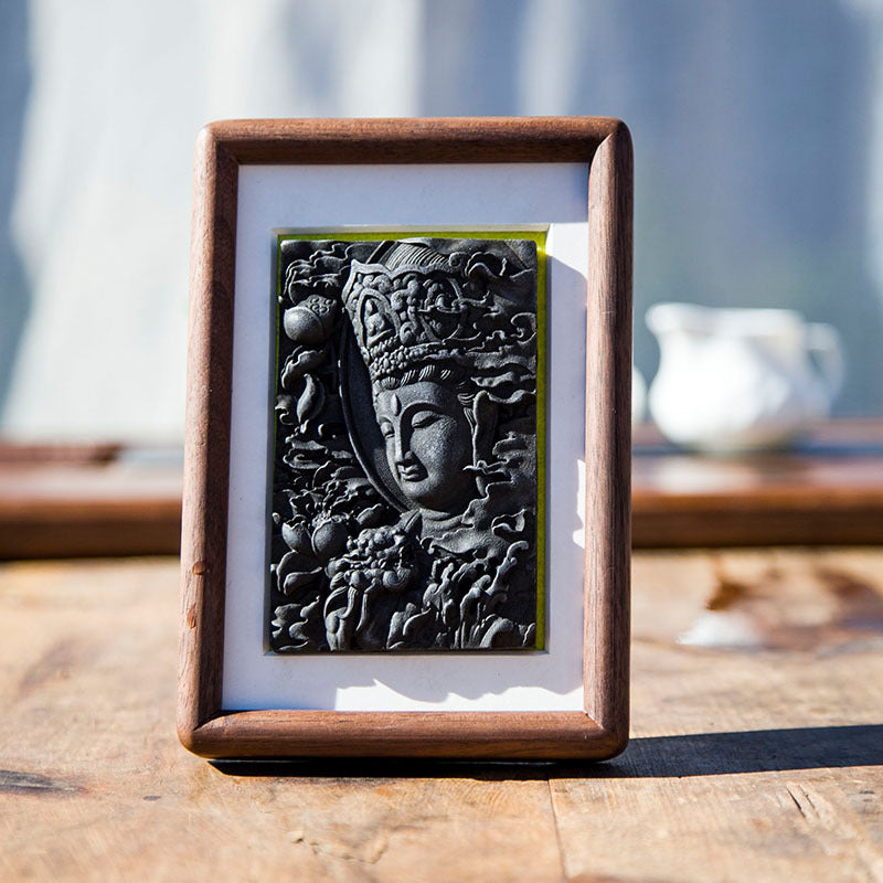 Manjushri Bodhisattva Cast-Iron Relief in Solid Wood Frame: Decorative Wall Art and Desktop Accent for Interior Design