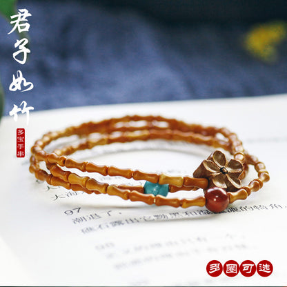 Natural Bamboo-Style Olive Pit Multi-Wrap Single Loop Multi-Treasure Multi-Blessing Bracelet