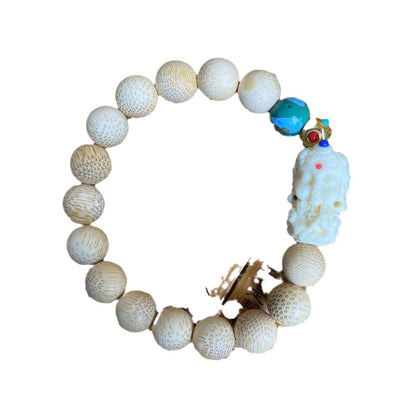 Natural Golden Bamboo Bracelet with Ivory Nut Carved Cat and Tara Pendant Bracelet