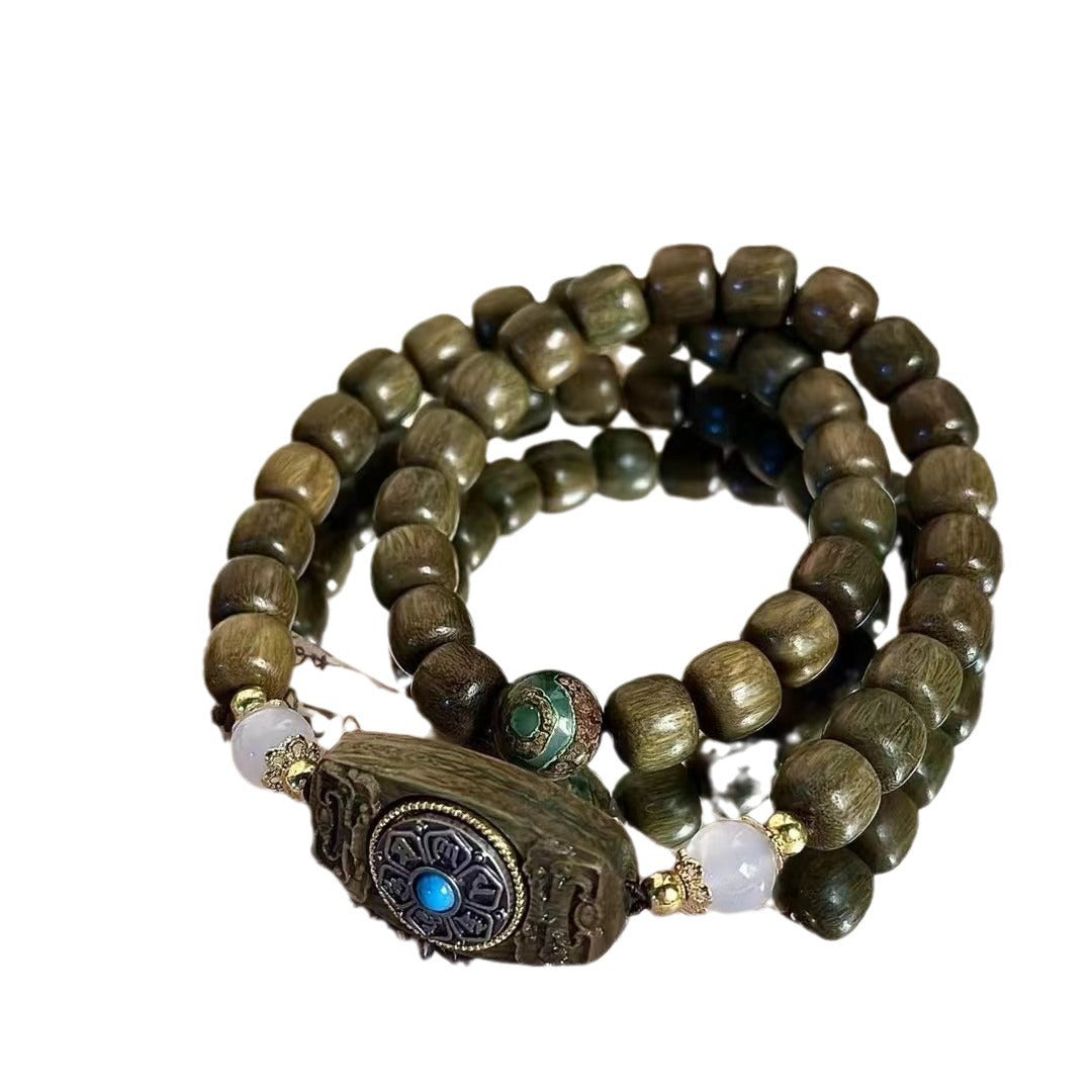 Natural Green Sandalwood Old-Style Bead Bracelet with Six-Word Mantra and Tai Sui Amulet Double-Wrap Prayer Beads Bracelet