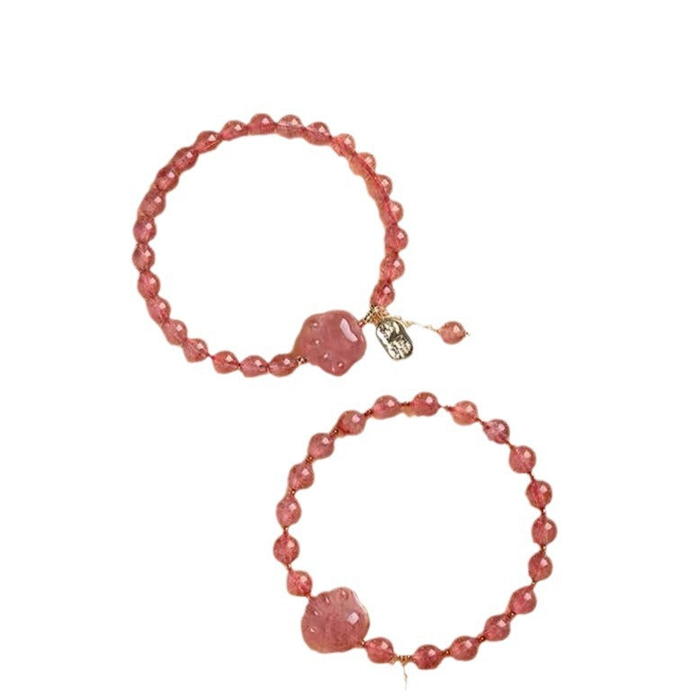 Natural Pink Quartz Bracelet, Niche Design Strawberry Quartz Bead Bracelet, Light Luxury Cute Cat Paw Bracelet