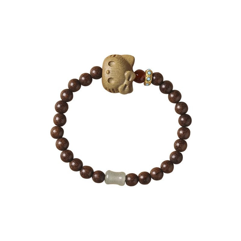 Natural Green Sandalwood Bracelet for Women with Sandalwood Carved Kitty Fortune-Attracting Prayer Beads