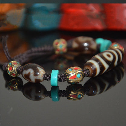 Tibetan Weathered Three-Eyed Dzi Bead Bracelet