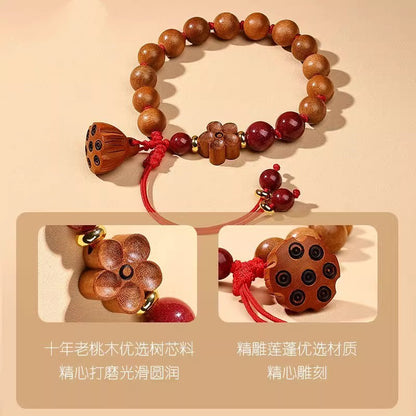 Natural Lotus Seed Pod Pendant Peach Wood Bracelet