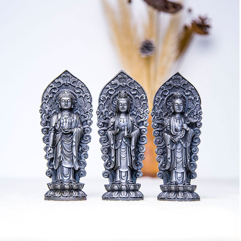 Chinese Rust-Style Cast-Iron Imitation Western Three Holy Beings Statues: Amitabha Buddha, Guanyin Bodhisattva, and Mahasthamaprapta Bodhisattva Standing Figurines Ornaments