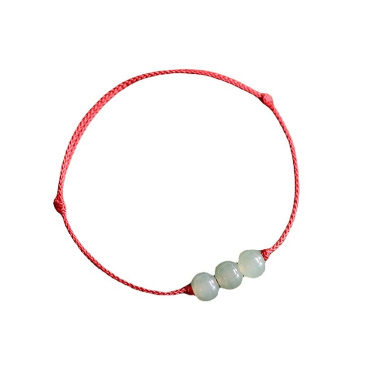 Handmade Cord Natural Hetian Jade Old Style Bead Bracelet for Women, Single Loop